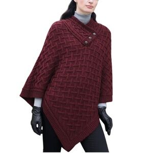 NWT Aran Mor Ireland merino wool super soft lattice stitch poncho cape burgundy